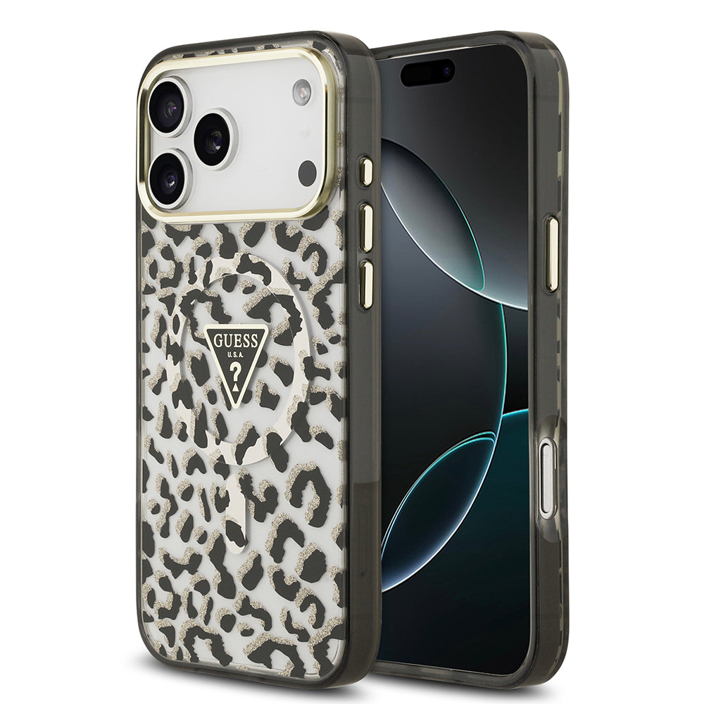Apple iPhone 17 Pro Max Kılıf Guess M-safe Şarj Özellikli Üçgen Logolu Simli Leopar Desenli Kapak Siyah
