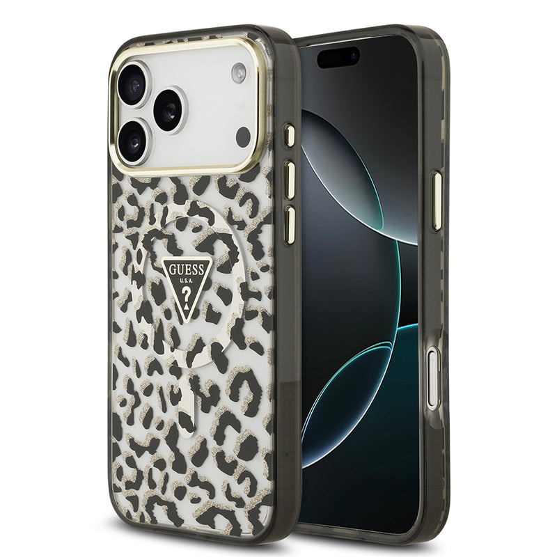 Apple iPhone 17 Pro Max Kılıf Guess M-safe Şarj Özellikli Üçgen Logolu Simli Leopar Desenli Kapak Siyah