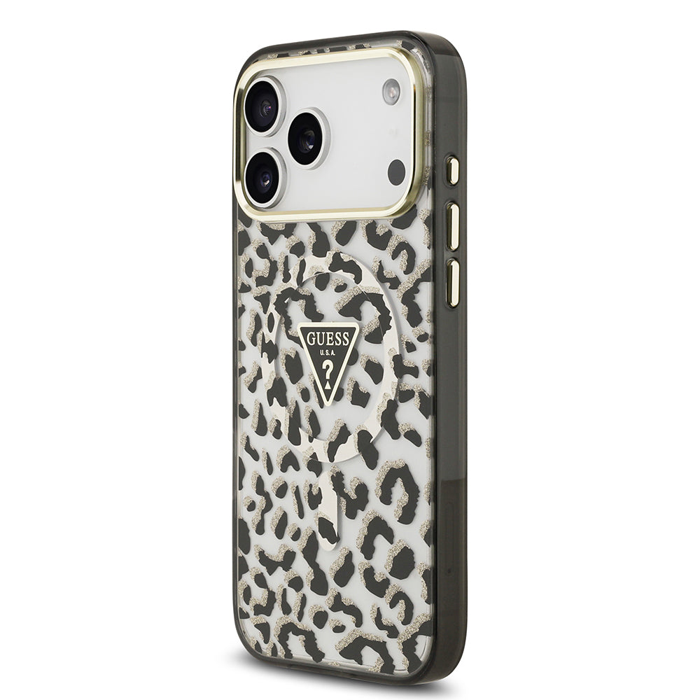 Apple iPhone 17 Pro Max Kılıf Guess M-safe Şarj Özellikli Üçgen Logolu Simli Leopar Desenli Kapak Siyah