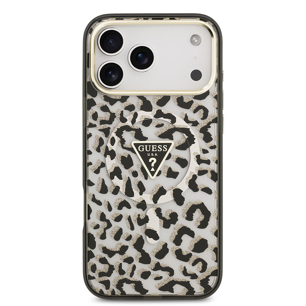 Apple iPhone 17 Pro Max Kılıf Guess M-safe Şarj Özellikli Üçgen Logolu Simli Leopar Desenli Kapak Siyah