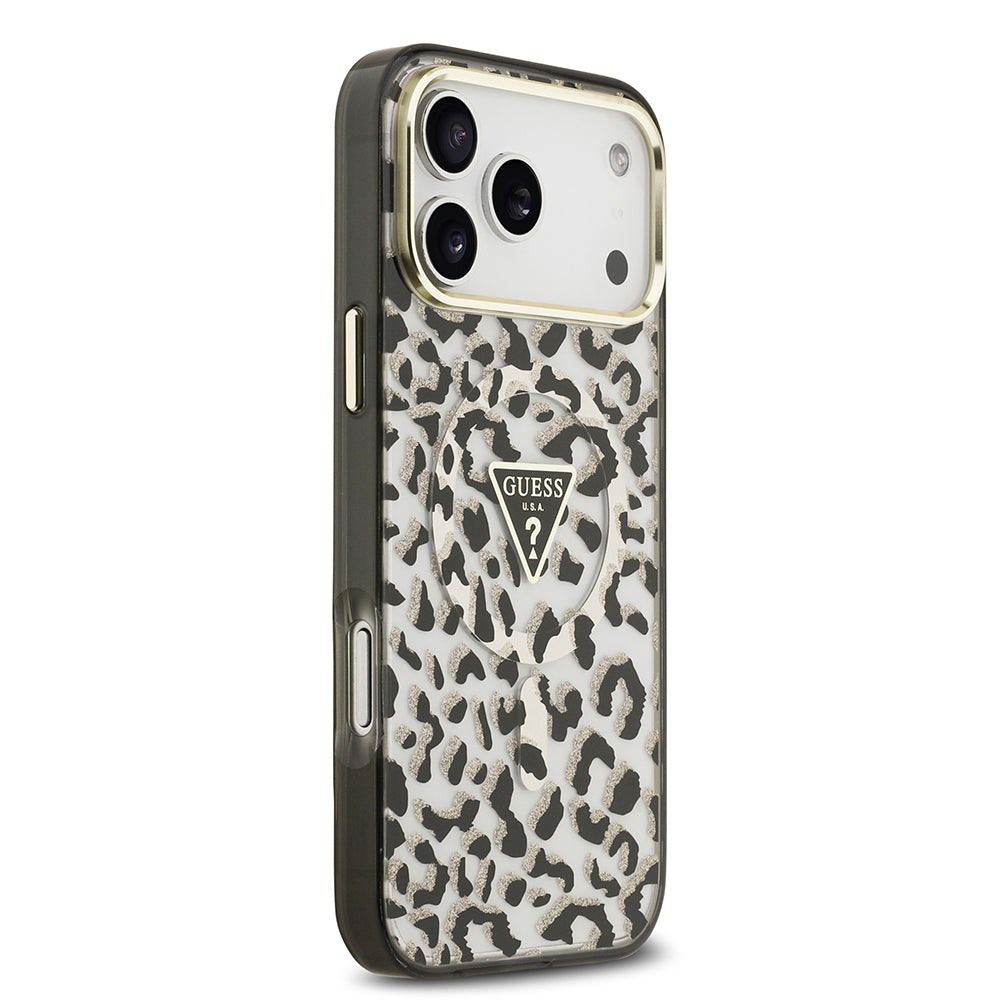 Apple iPhone 17 Pro Max Kılıf Guess M-safe Şarj Özellikli Üçgen Logolu Simli Leopar Desenli Kapak Siyah
