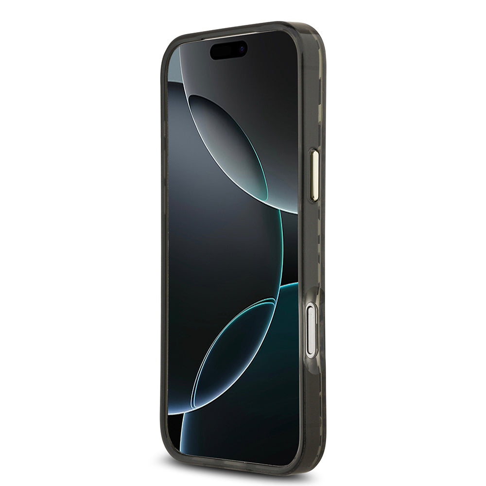 Apple iPhone 17 Pro Max Kılıf Guess M-safe Şarj Özellikli Üçgen Logolu Simli Leopar Desenli Kapak Siyah