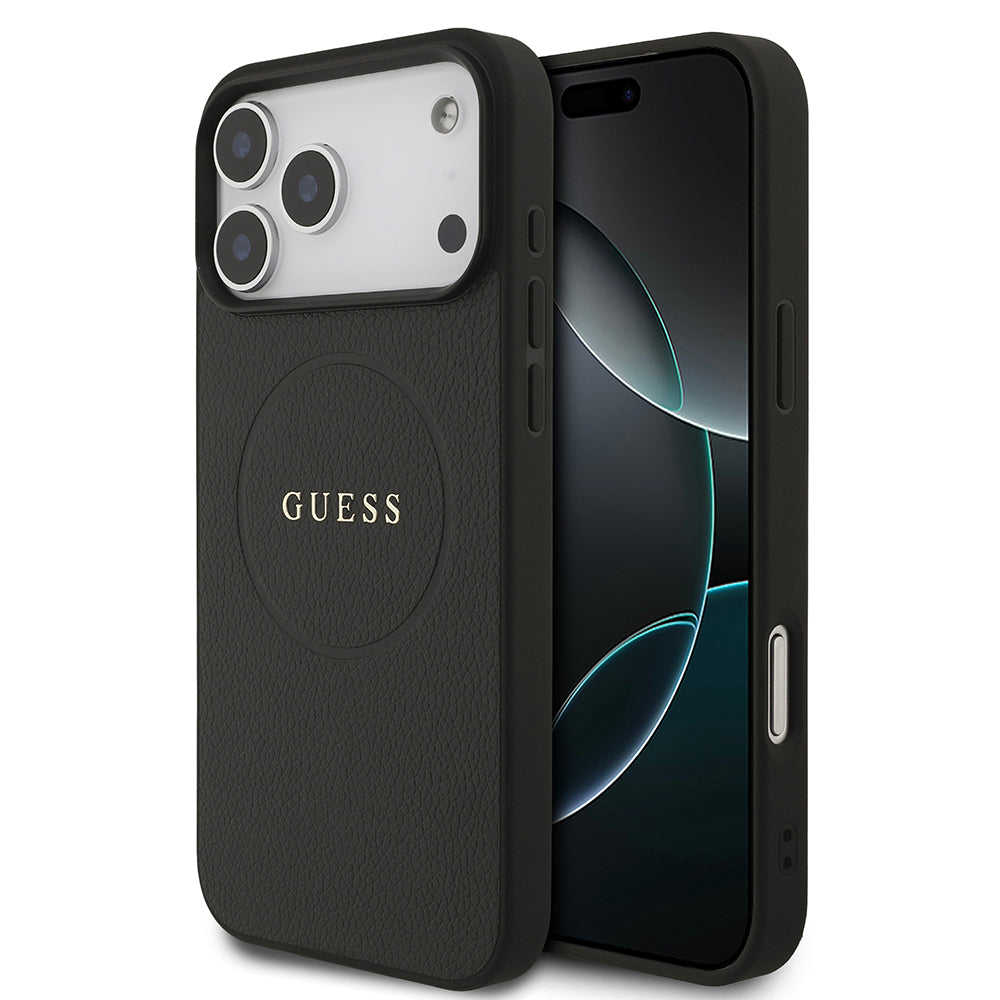 Apple iPhone 17 Pro Max Kılıf Guess M-safe Şarj Özellikli Yazı Logolu PU Deri Kapak Siyah