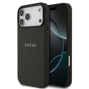Apple iPhone 17 Pro Max Kılıf Guess M-safe Şarj Özellikli Yazı Logolu PU Deri Kapak Siyah