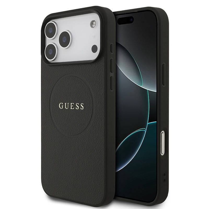 Apple iPhone 17 Pro Max Kılıf Guess M-safe Şarj Özellikli Yazı Logolu PU Deri Kapak Siyah