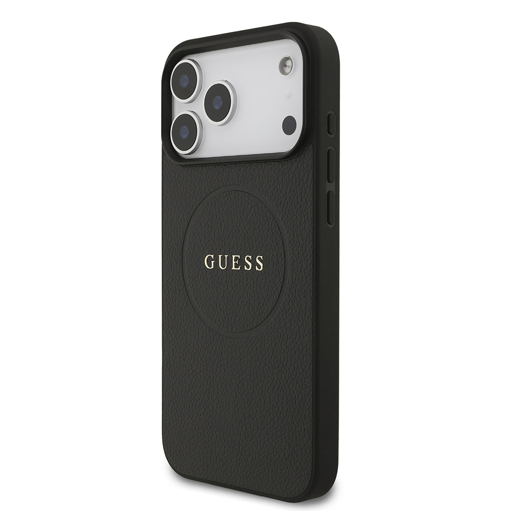 Apple iPhone 17 Pro Max Kılıf Guess M-safe Şarj Özellikli Yazı Logolu PU Deri Kapak Siyah