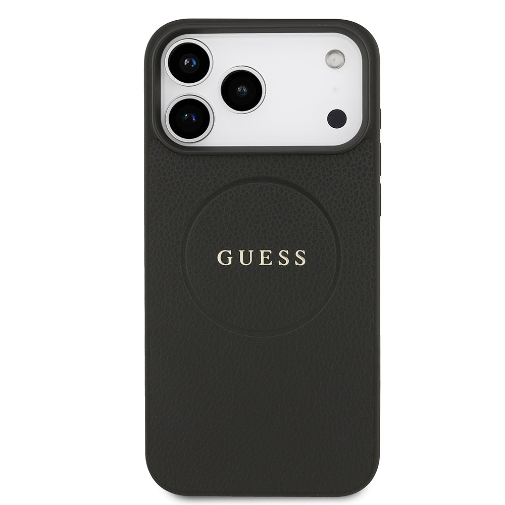 Apple iPhone 17 Pro Max Kılıf Guess M-safe Şarj Özellikli Yazı Logolu PU Deri Kapak Siyah