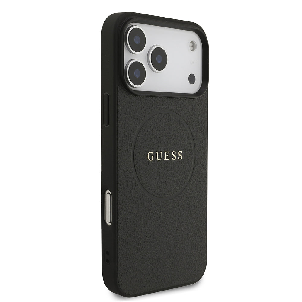 Apple iPhone 17 Pro Max Kılıf Guess M-safe Şarj Özellikli Yazı Logolu PU Deri Kapak Siyah