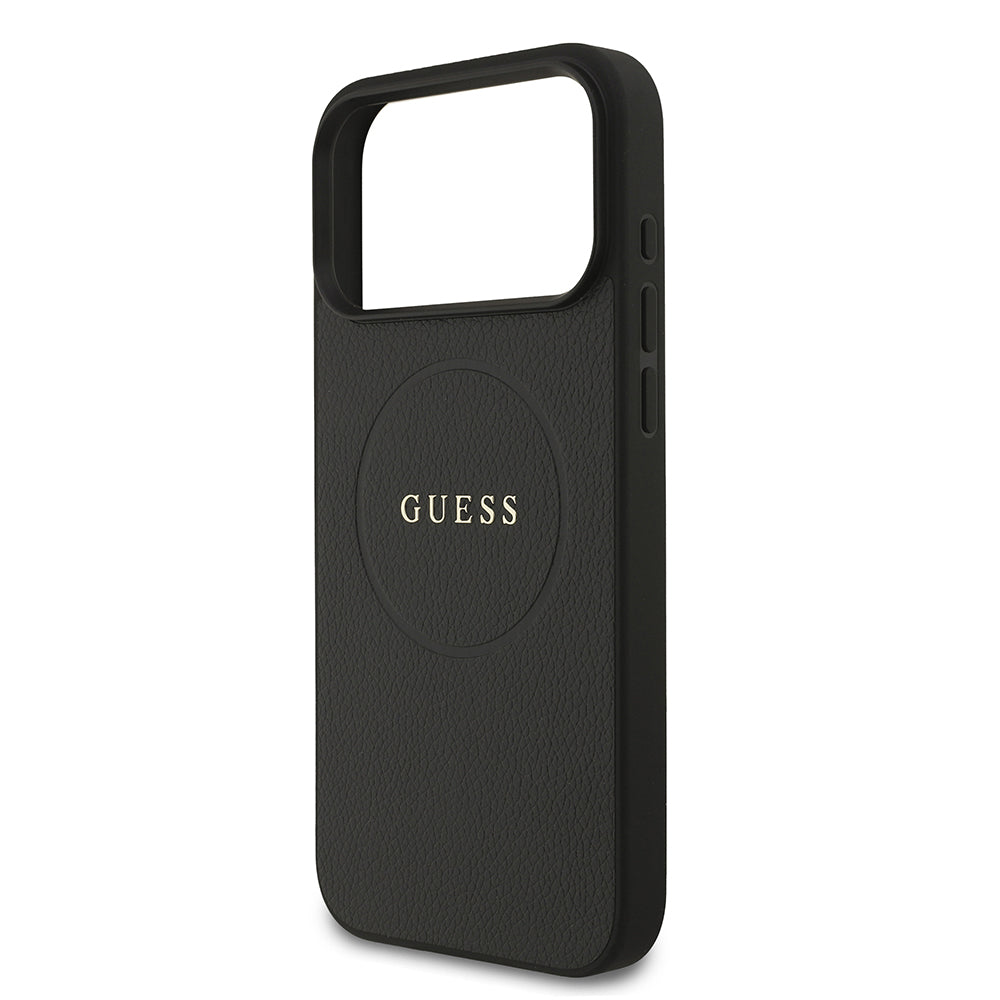 Apple iPhone 17 Pro Max Kılıf Guess M-safe Şarj Özellikli Yazı Logolu PU Deri Kapak Siyah