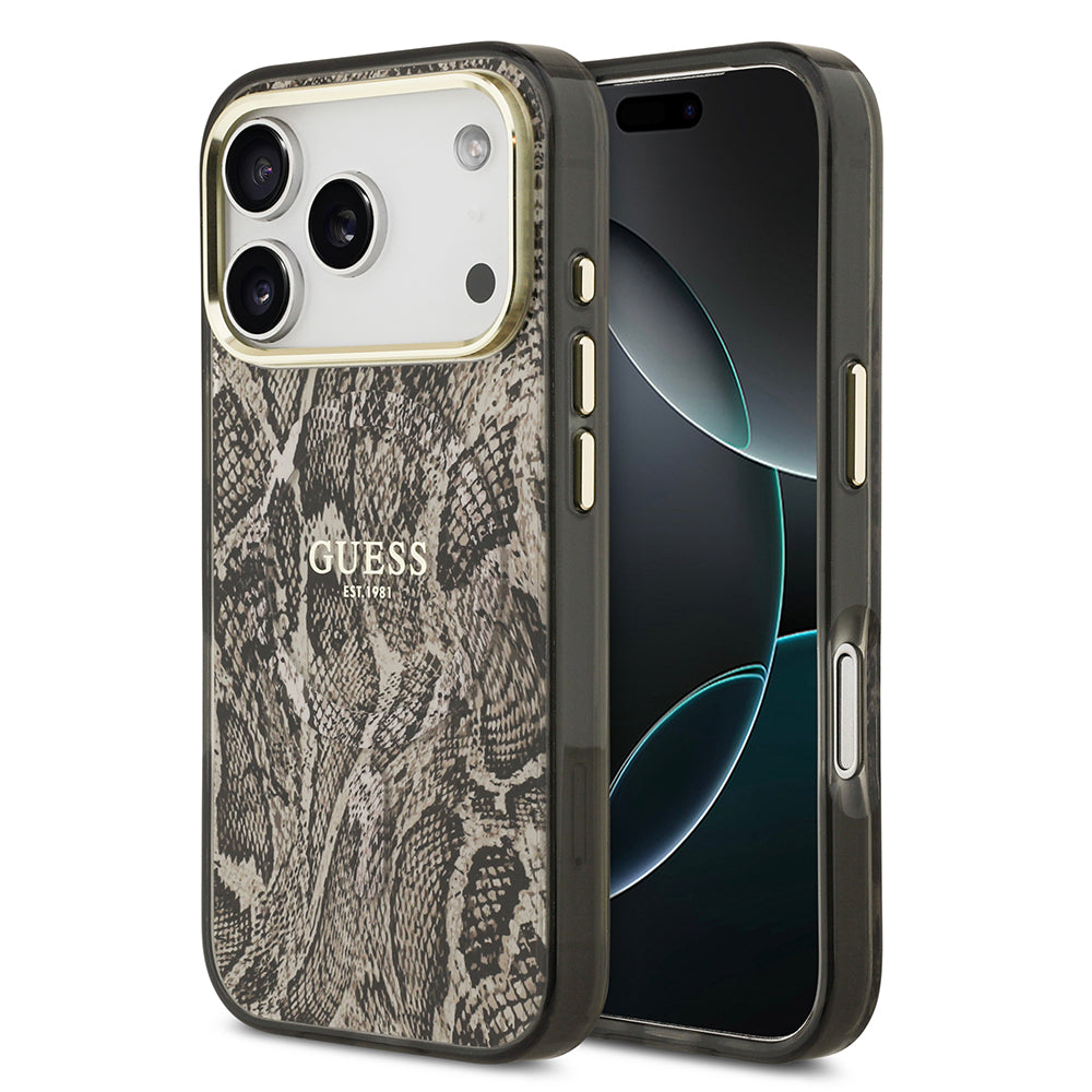 Apple iPhone 17 Pro Max Kılıf Guess M-safe Şarj Özellikli Yazı Logolu Python Yılan Desenli Kapak Kahverengi