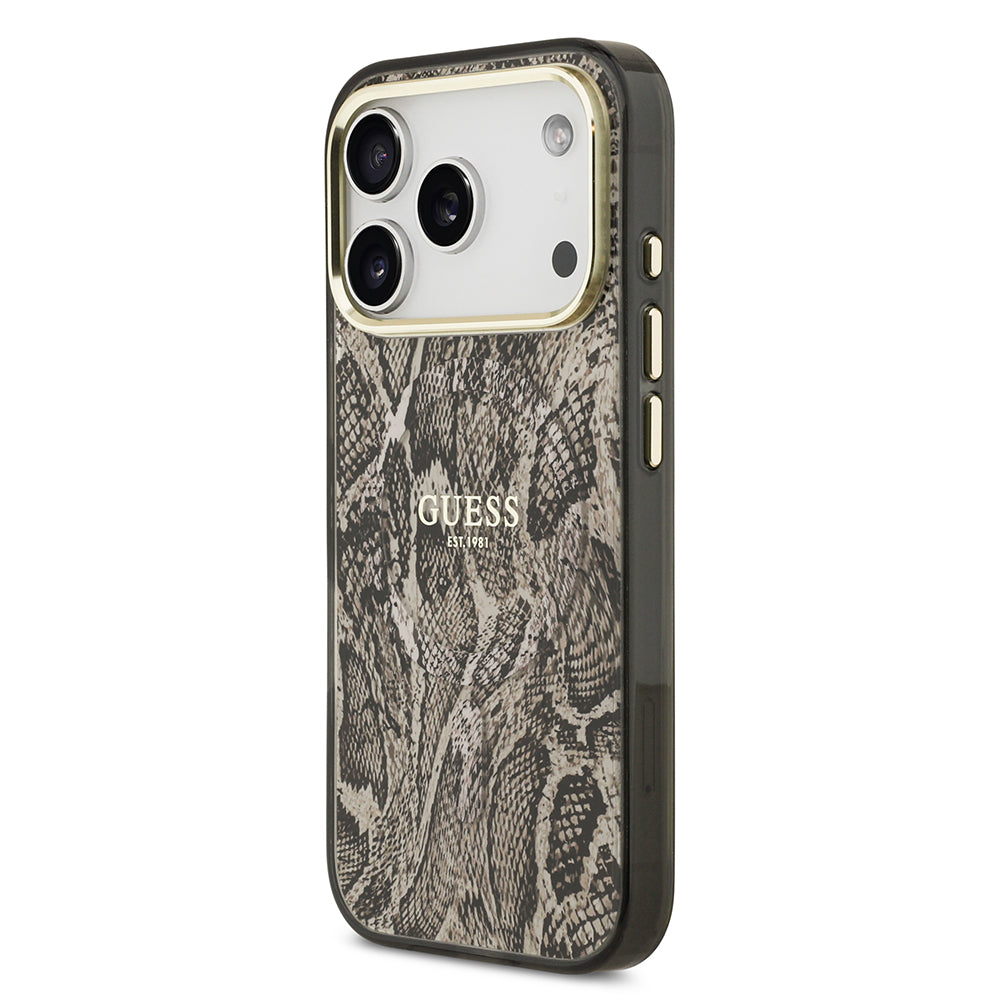 Apple iPhone 17 Pro Max Kılıf Guess M-safe Şarj Özellikli Yazı Logolu Python Yılan Desenli Kapak Kahverengi