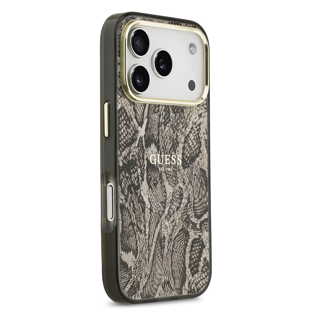 Apple iPhone 17 Pro Max Kılıf Guess M-safe Şarj Özellikli Yazı Logolu Python Yılan Desenli Kapak Kahverengi