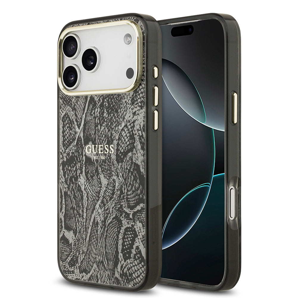 Apple iPhone 17 Pro Max Kılıf Guess M-safe Şarj Özellikli Yazı Logolu Python Yılan Desenli Kapak Siyah
