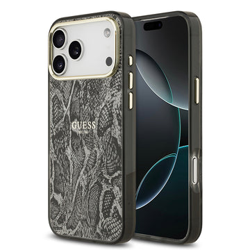 Apple iPhone 17 Pro Max Kılıf Guess M-safe Şarj Özellikli Yazı Logolu Python Yılan Desenli Kapak Siyah