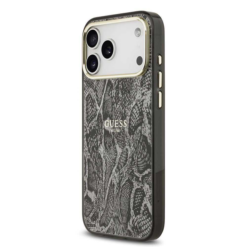 Apple iPhone 17 Pro Max Kılıf Guess M-safe Şarj Özellikli Yazı Logolu Python Yılan Desenli Kapak Siyah