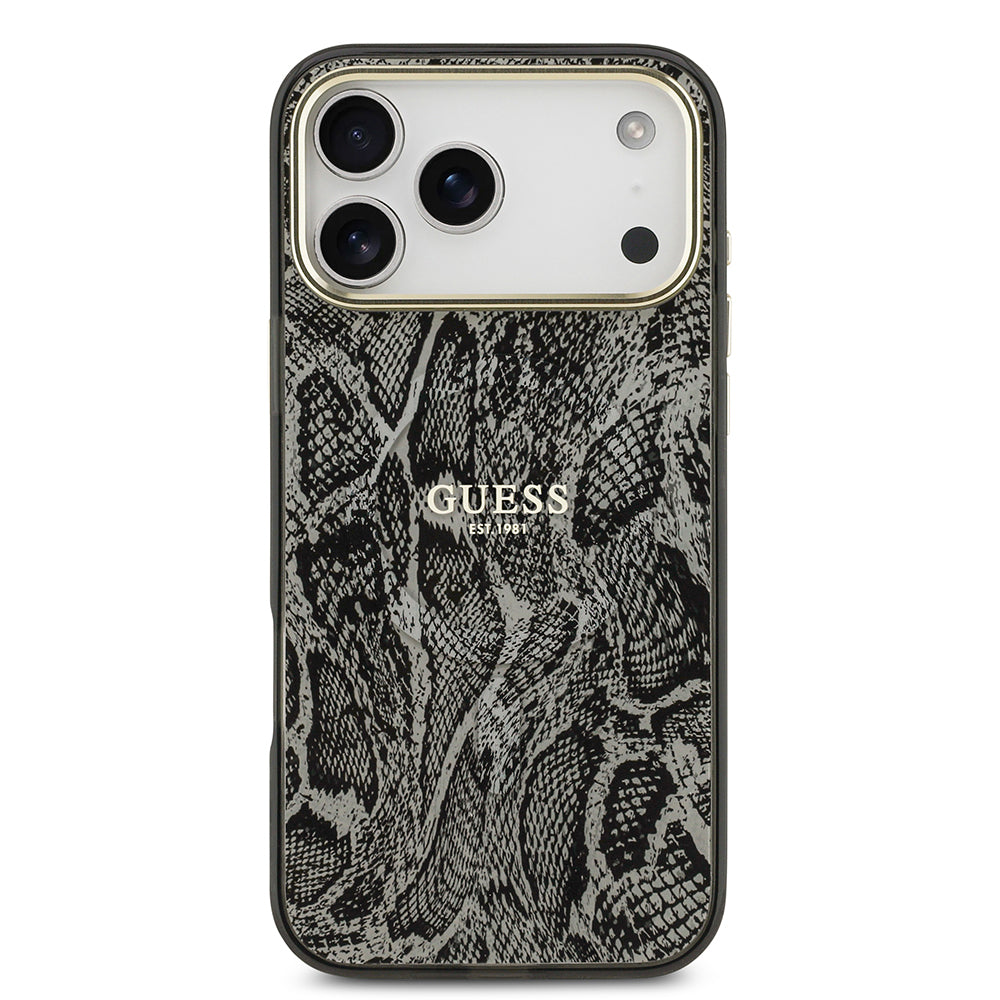 Apple iPhone 17 Pro Max Kılıf Guess M-safe Şarj Özellikli Yazı Logolu Python Yılan Desenli Kapak Siyah