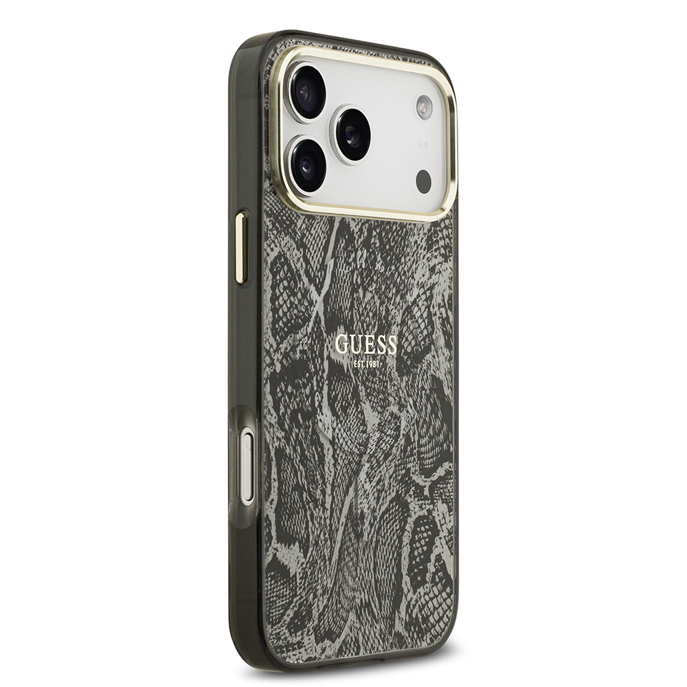 Apple iPhone 17 Pro Max Kılıf Guess M-safe Şarj Özellikli Yazı Logolu Python Yılan Desenli Kapak Siyah