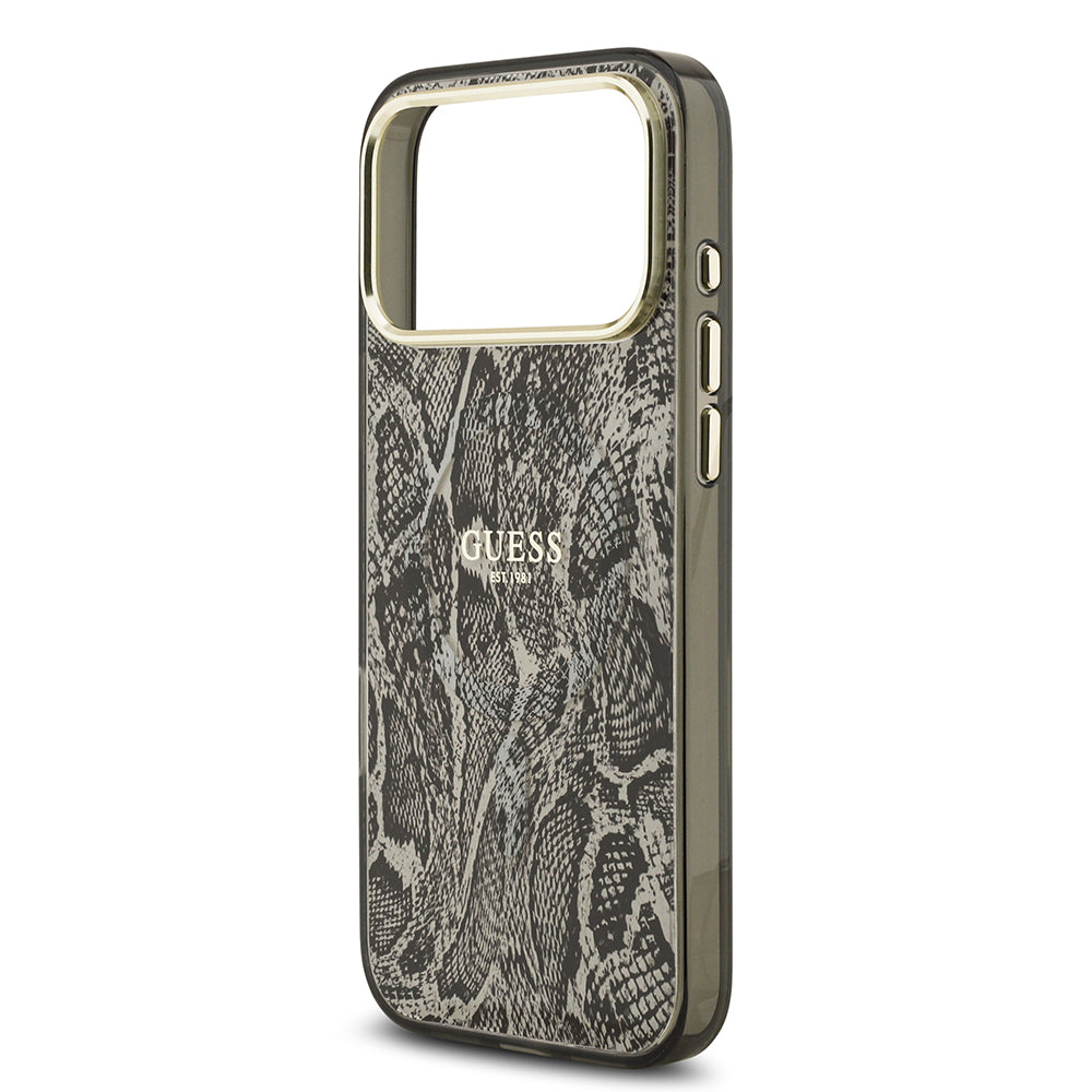 Apple iPhone 17 Pro Max Kılıf Guess M-safe Şarj Özellikli Yazı Logolu Python Yılan Desenli Kapak Siyah