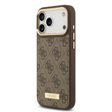 Apple iPhone 17 Pro Max Kılıf Guess Magsafe Şarj Özellikli 4G Desenli PU Metal Plaka Klasik Logolu Kapak Kahverengi