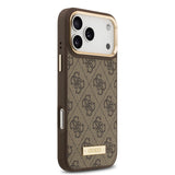 Apple iPhone 17 Pro Max Kılıf Guess Magsafe Şarj Özellikli 4G Desenli PU Metal Plaka Klasik Logolu Kapak Kahverengi