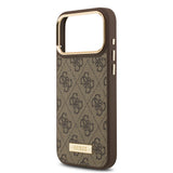 Apple iPhone 17 Pro Max Kılıf Guess Magsafe Şarj Özellikli 4G Desenli PU Metal Plaka Klasik Logolu Kapak Kahverengi