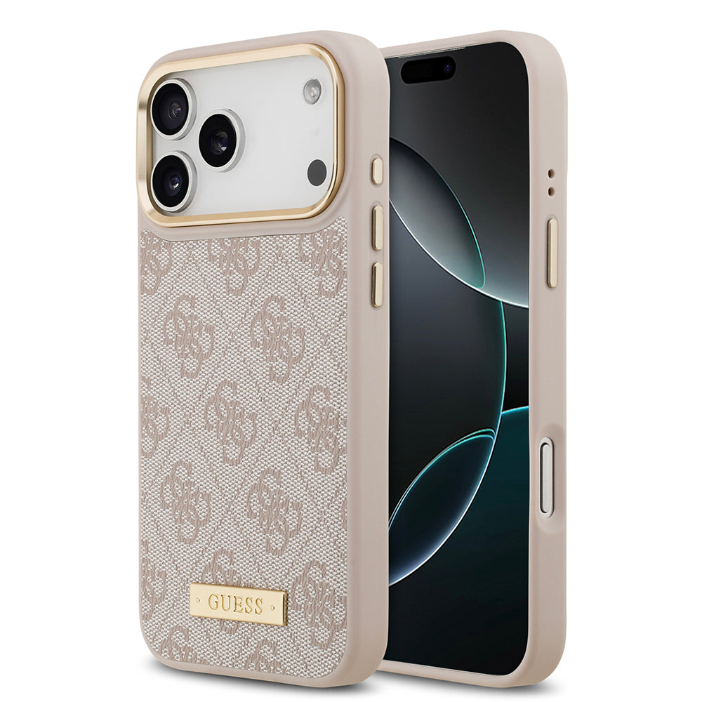 Apple iPhone 17 Pro Max Kılıf Guess Magsafe Şarj Özellikli 4G Desenli PU Metal Plaka Klasik Logolu Kapak Pembe