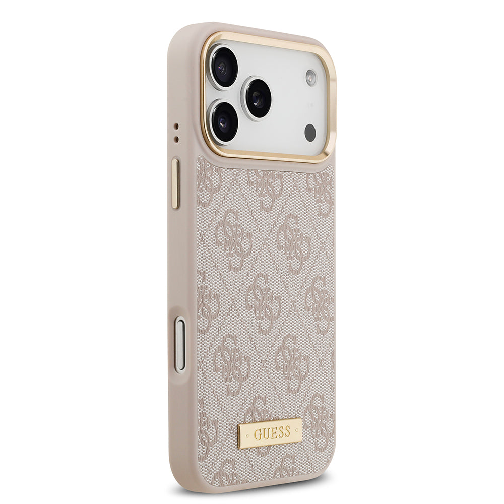 Apple iPhone 17 Pro Max Kılıf Guess Magsafe Şarj Özellikli 4G Desenli PU Metal Plaka Klasik Logolu Kapak Pembe