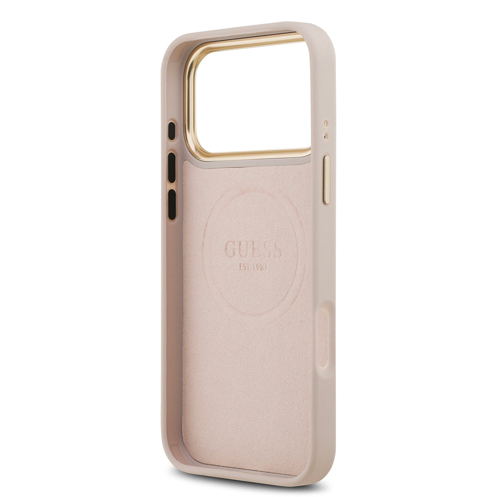Apple iPhone 17 Pro Max Kılıf Guess Magsafe Şarj Özellikli 4G Desenli PU Metal Plaka Klasik Logolu Kapak Pembe