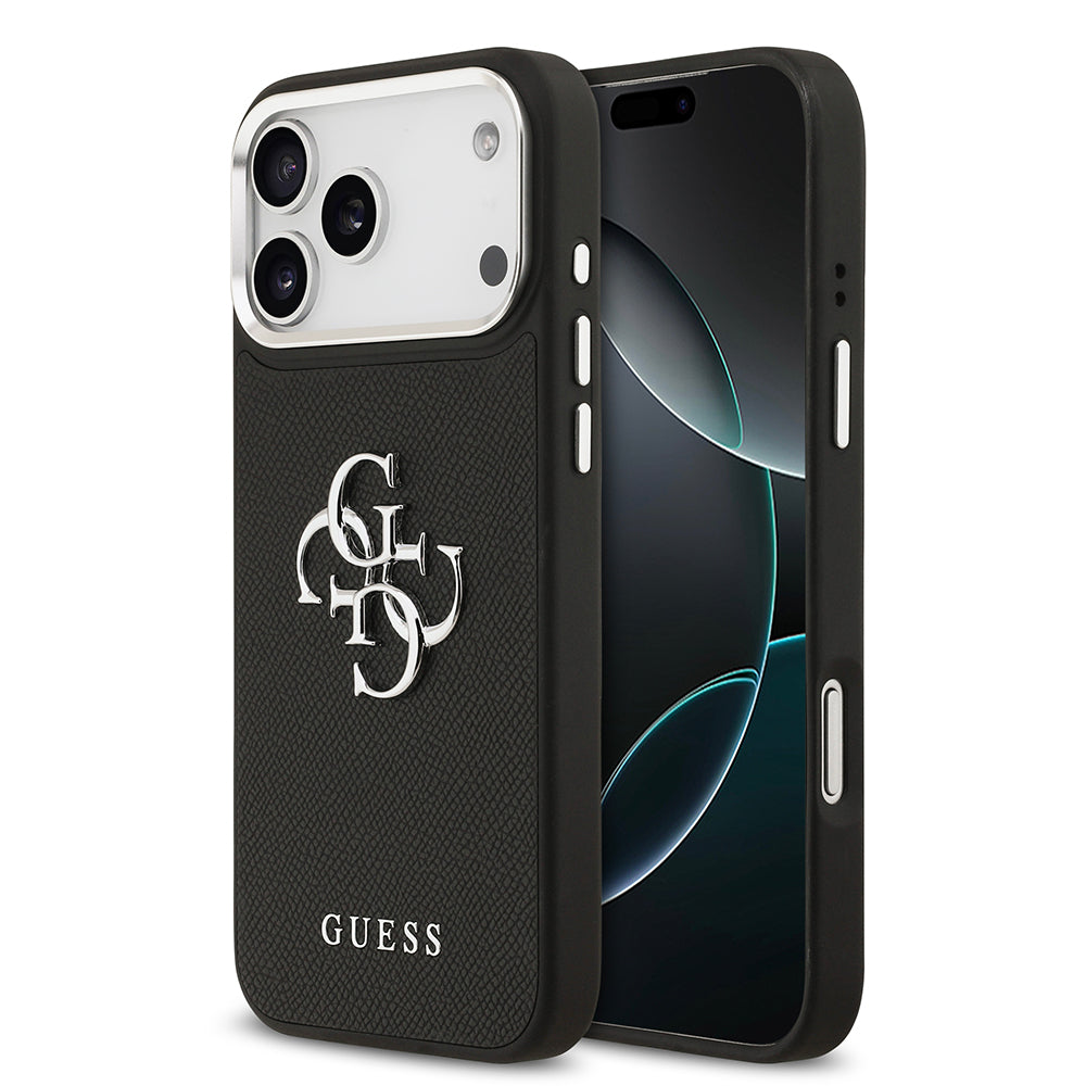 Apple iPhone 17 Pro Max Kılıf Guess PU Deri 4G Büyük Metal ve Yazı Logolu Kapak Siyah