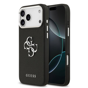 Apple iPhone 17 Pro Max Kılıf Guess PU Deri 4G Büyük Metal ve Yazı Logolu Kapak Siyah