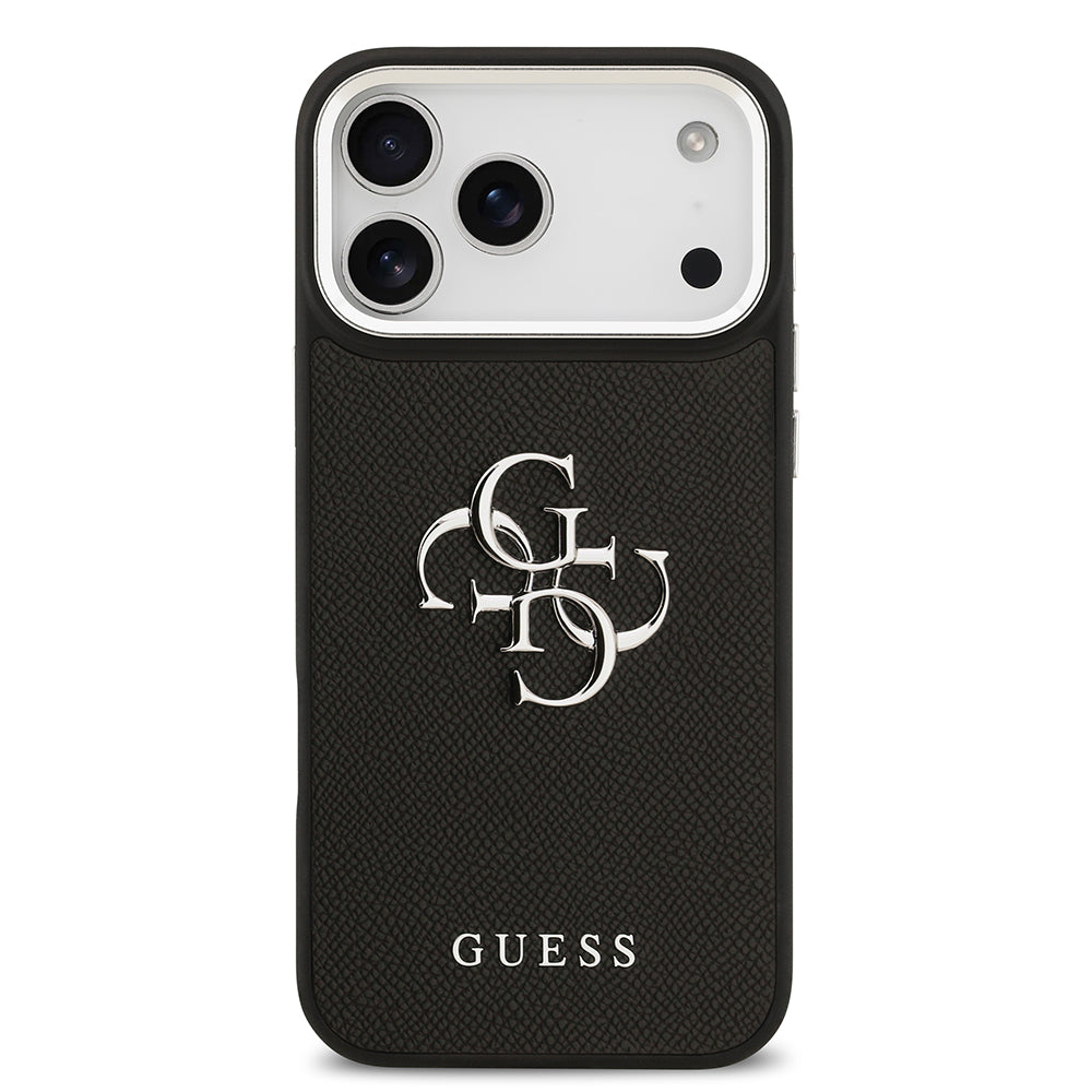 Apple iPhone 17 Pro Max Kılıf Guess PU Deri 4G Büyük Metal ve Yazı Logolu Kapak Siyah