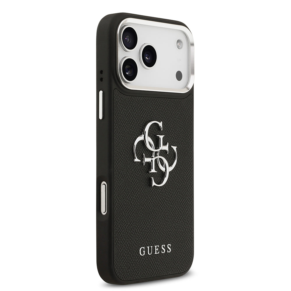 Apple iPhone 17 Pro Max Kılıf Guess PU Deri 4G Büyük Metal ve Yazı Logolu Kapak Siyah