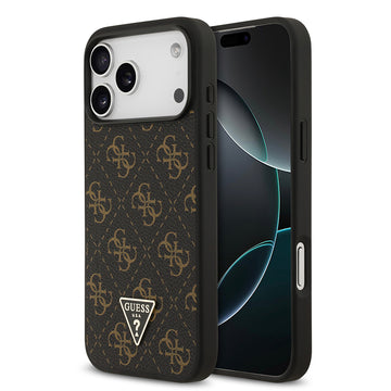 Apple iPhone 17 Pro Max Kılıf Guess PU Deri 4G Desenli Üçgen Logolu Kapak Siyah
