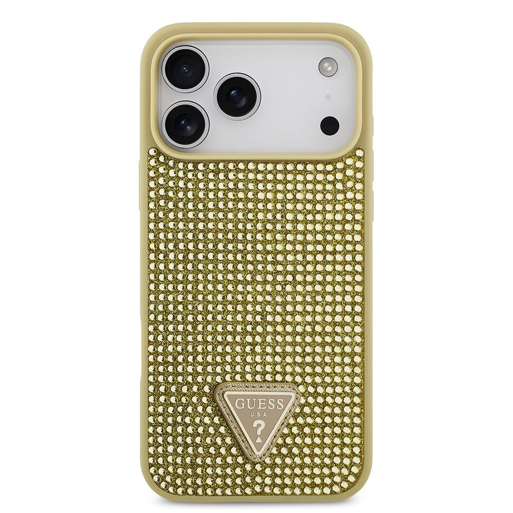Apple iPhone 17 Pro Max Kılıf Guess Rhinestone Taşlı Üçgen Logolu Kapak Gold