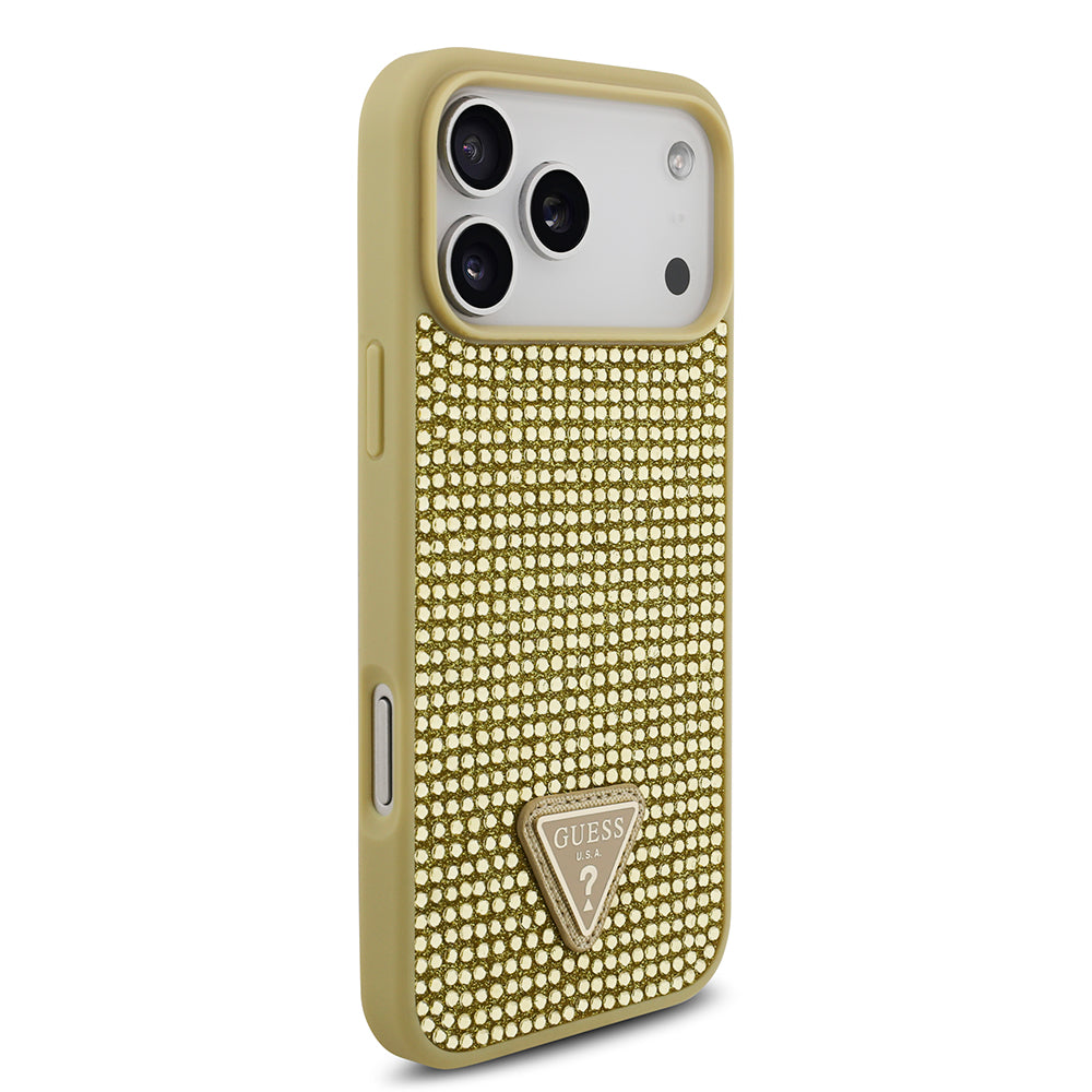 Apple iPhone 17 Pro Max Kılıf Guess Rhinestone Taşlı Üçgen Logolu Kapak Gold