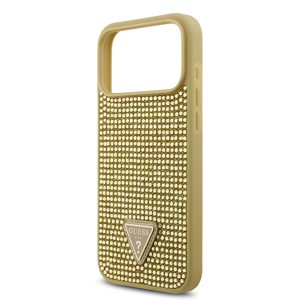 Apple iPhone 17 Pro Max Kılıf Guess Rhinestone Taşlı Üçgen Logolu Kapak Gold