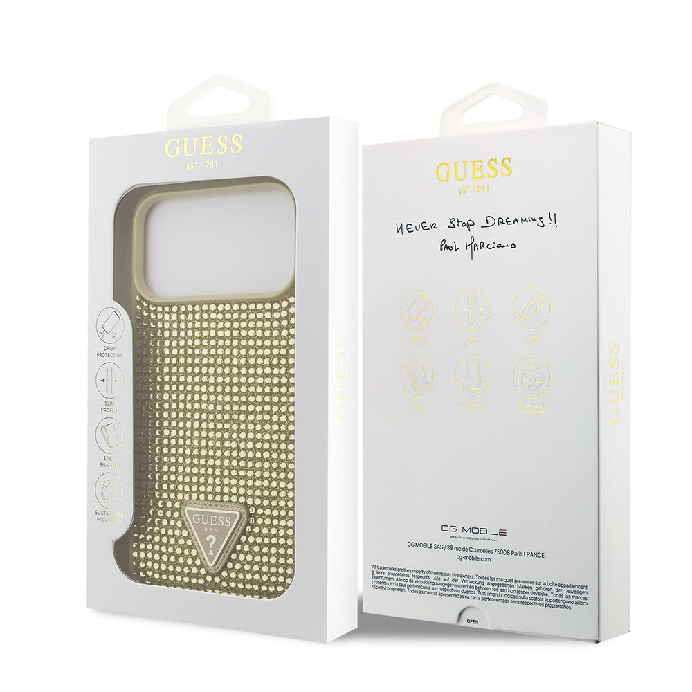 Apple iPhone 17 Pro Max Kılıf Guess Rhinestone Taşlı Üçgen Logolu Kapak Gold