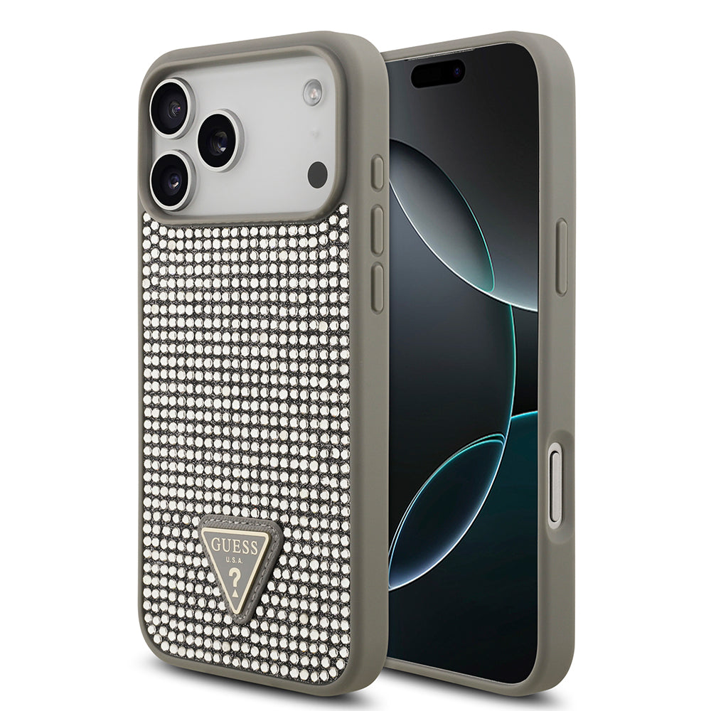 Apple iPhone 17 Pro Max Kılıf Guess Rhinestone Taşlı Üçgen Logolu Kapak Gümüş