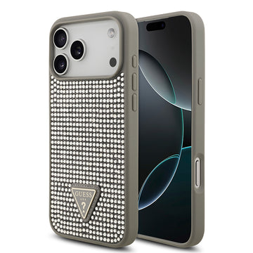 Apple iPhone 17 Pro Max Kılıf Guess Rhinestone Taşlı Üçgen Logolu Kapak Gümüş