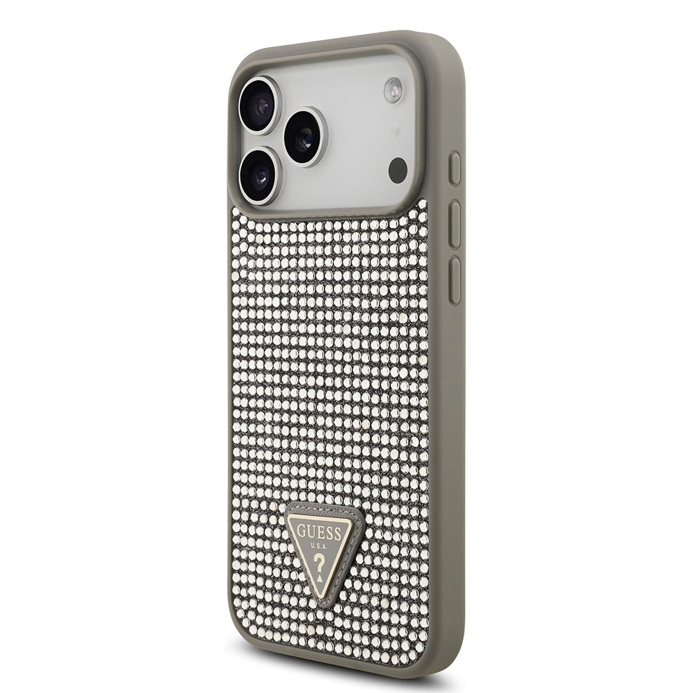 Apple iPhone 17 Pro Max Kılıf Guess Rhinestone Taşlı Üçgen Logolu Kapak Gümüş