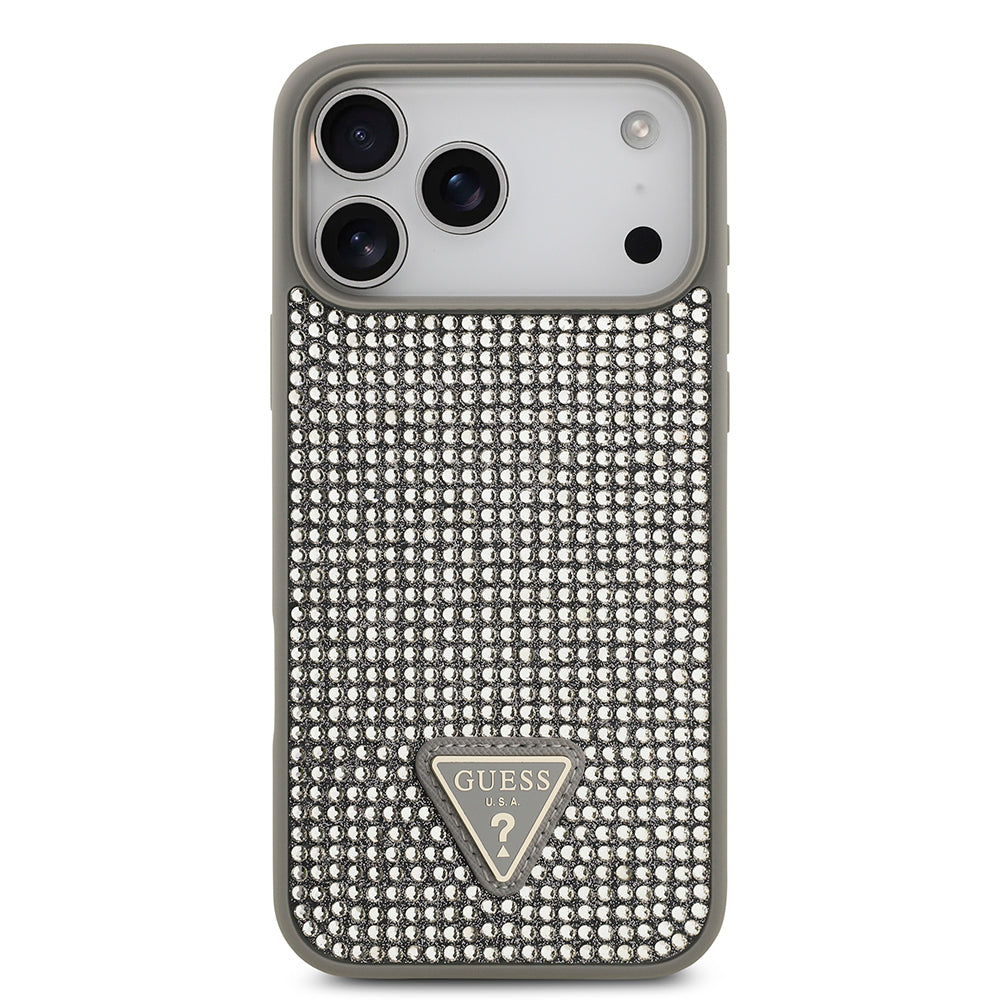 Apple iPhone 17 Pro Max Kılıf Guess Rhinestone Taşlı Üçgen Logolu Kapak Gümüş