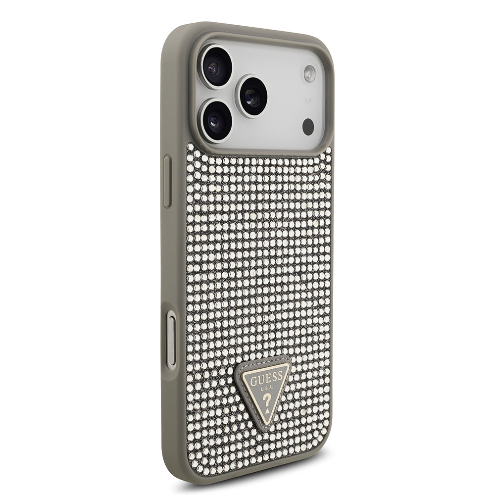 Apple iPhone 17 Pro Max Kılıf Guess Rhinestone Taşlı Üçgen Logolu Kapak Gümüş