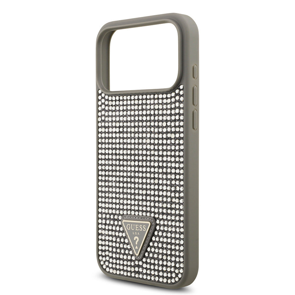 Apple iPhone 17 Pro Max Kılıf Guess Rhinestone Taşlı Üçgen Logolu Kapak Gümüş