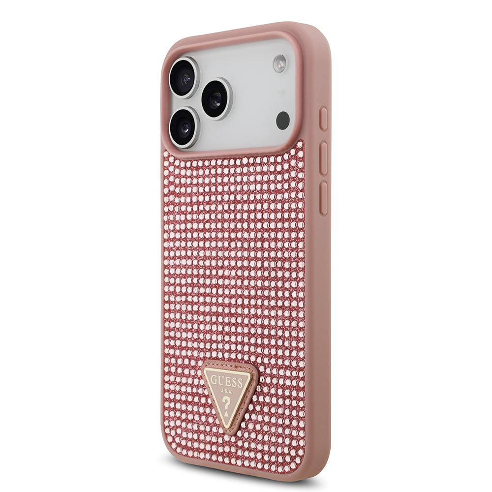 Apple iPhone 17 Pro Max Kılıf Guess Rhinestone Taşlı Üçgen Logolu Kapak Pembe