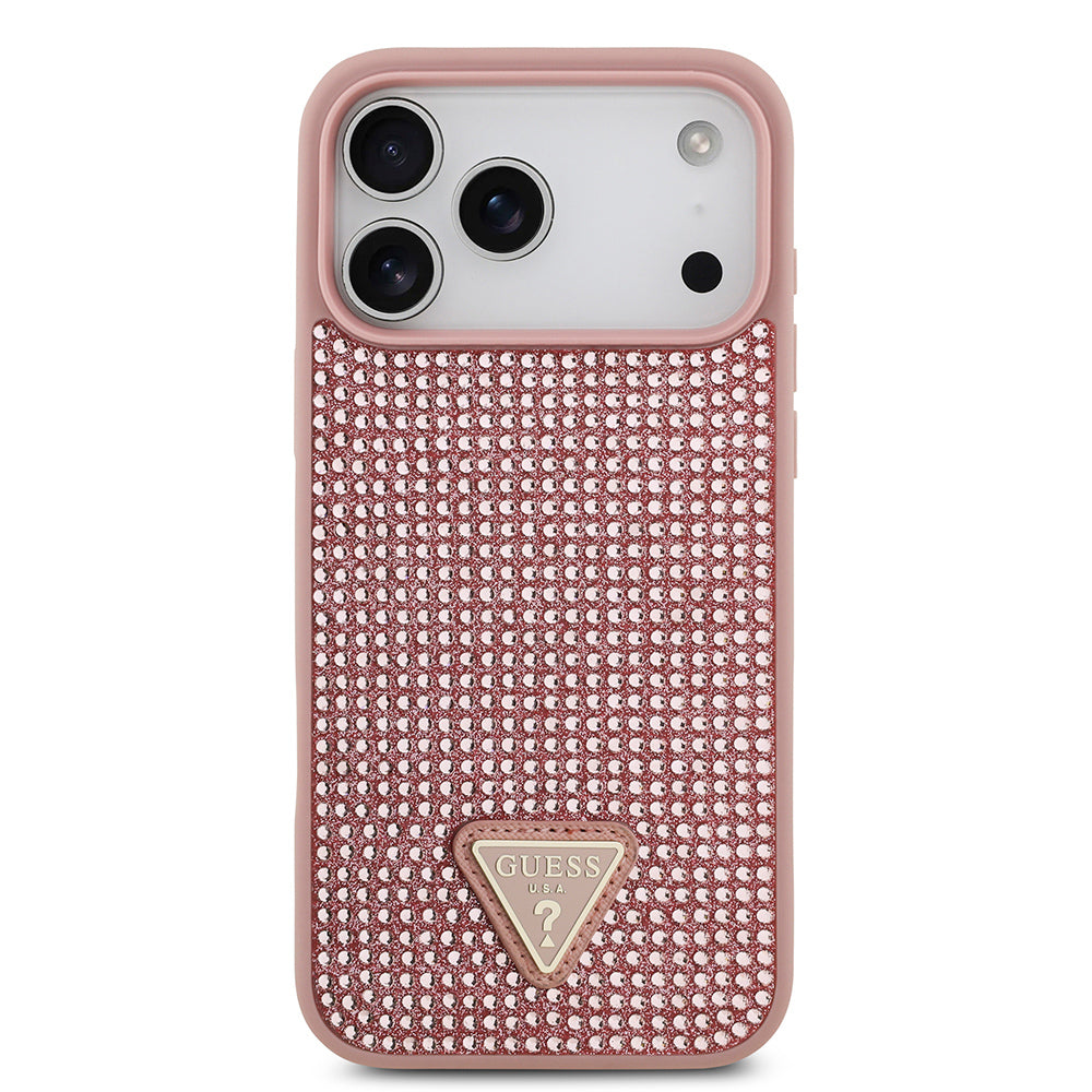 Apple iPhone 17 Pro Max Kılıf Guess Rhinestone Taşlı Üçgen Logolu Kapak Pembe