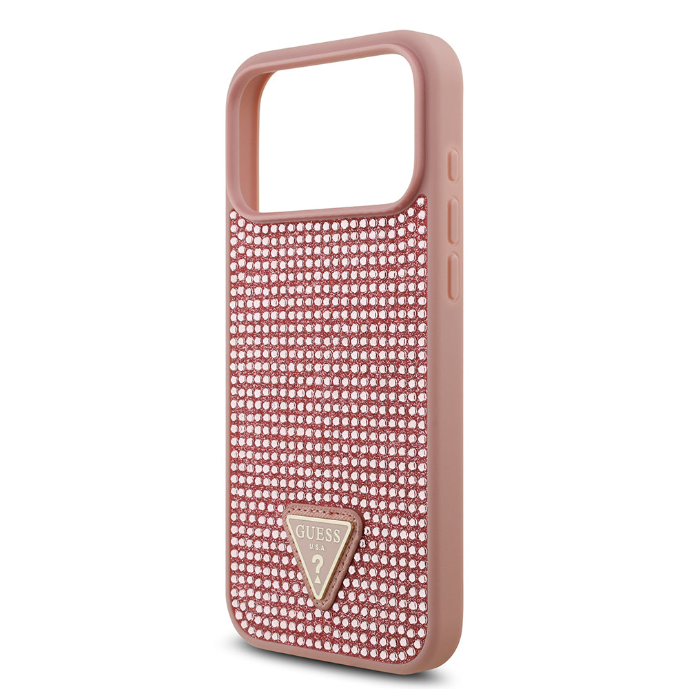 Apple iPhone 17 Pro Max Kılıf Guess Rhinestone Taşlı Üçgen Logolu Kapak Pembe