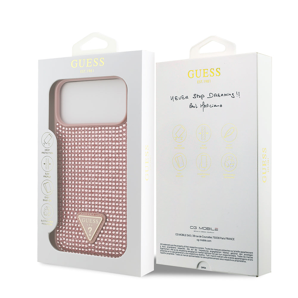Apple iPhone 17 Pro Max Kılıf Guess Rhinestone Taşlı Üçgen Logolu Kapak Pembe