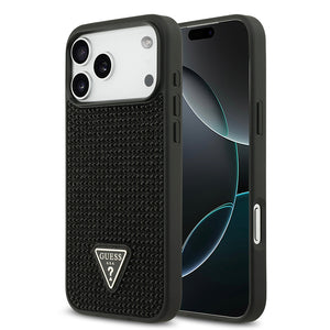Apple iPhone 17 Pro Max Kılıf Guess Rhinestone Taşlı Üçgen Logolu Kapak Siyah