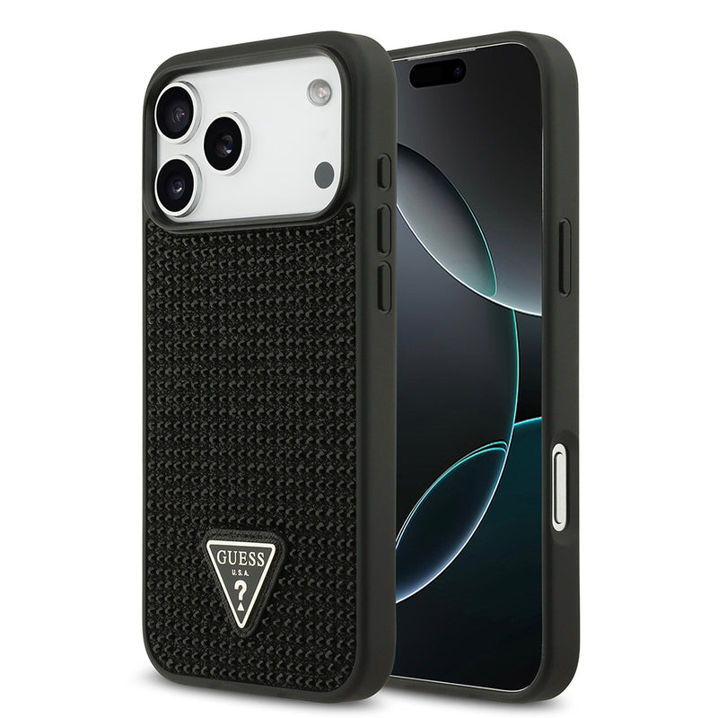 Apple iPhone 17 Pro Max Kılıf Guess Rhinestone Taşlı Üçgen Logolu Kapak Siyah