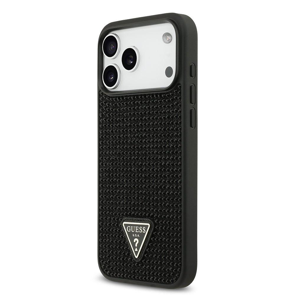 Apple iPhone 17 Pro Max Kılıf Guess Rhinestone Taşlı Üçgen Logolu Kapak Siyah